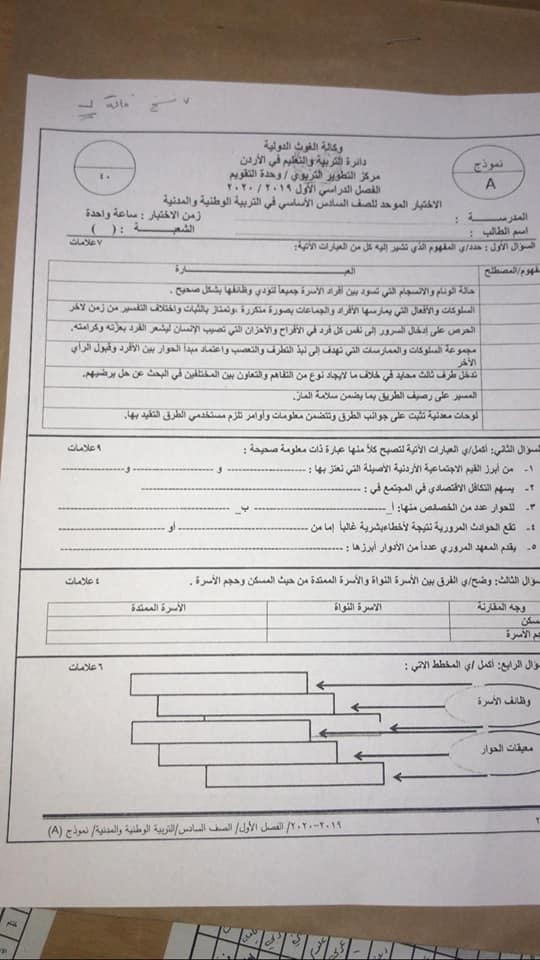 بالصور امتحان تربية وطنية نهائي نموذج A وكالة للصف السادس الفصل الاول 2020